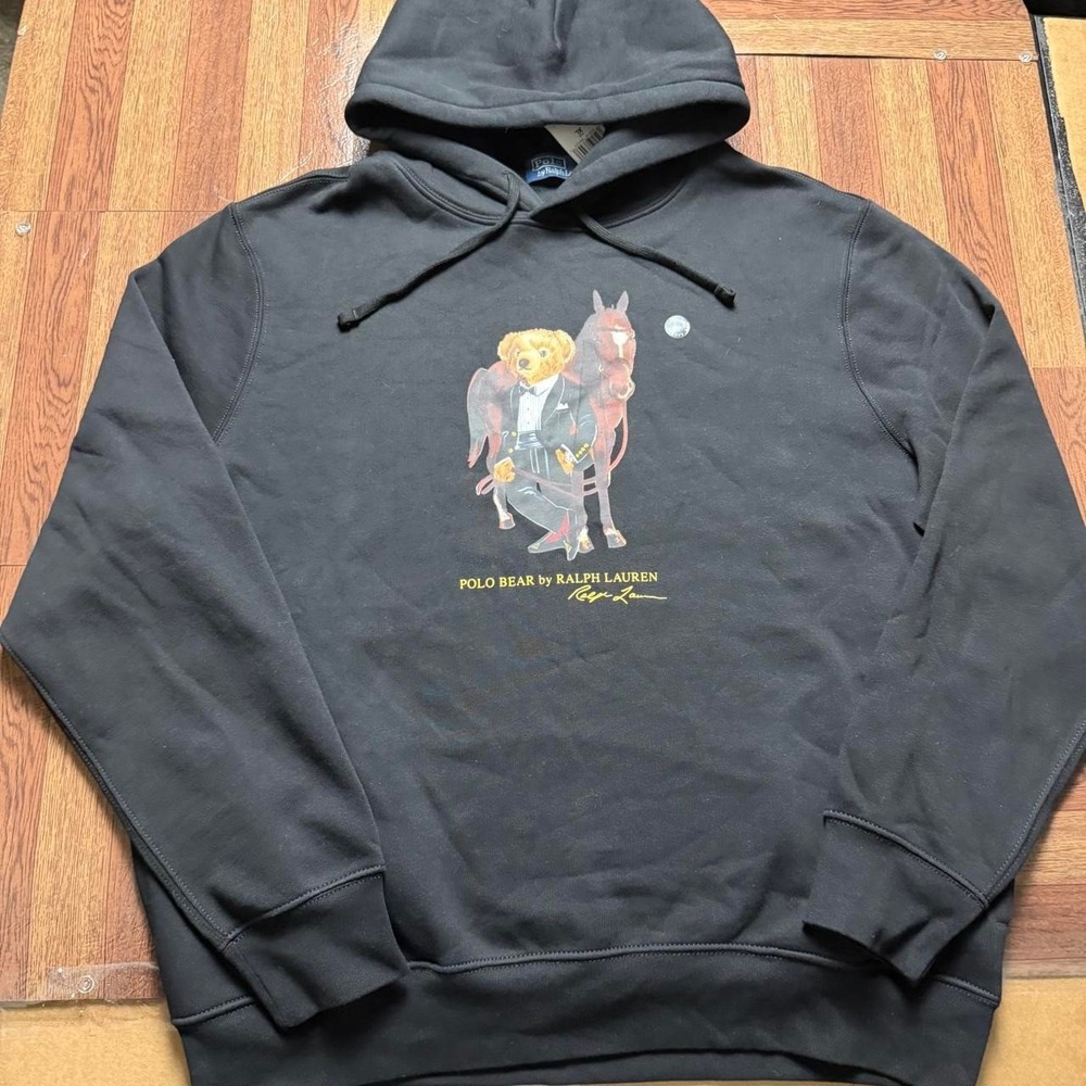 Polo Ralph Lauren Black Lunar Year Horse Polo Bear Fleece Hoodie XL NEW